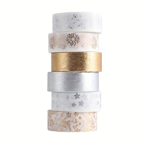 6pc Silver & Gold Festive Washi Tape Box Set - New in Box! - Picture 3 of 7